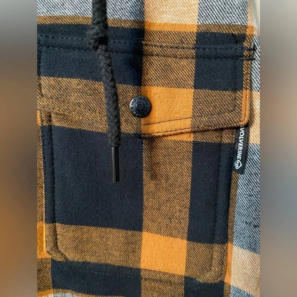Wolverine Men's Large Black Orange Plaid Shirt Jacket with hood Christmas